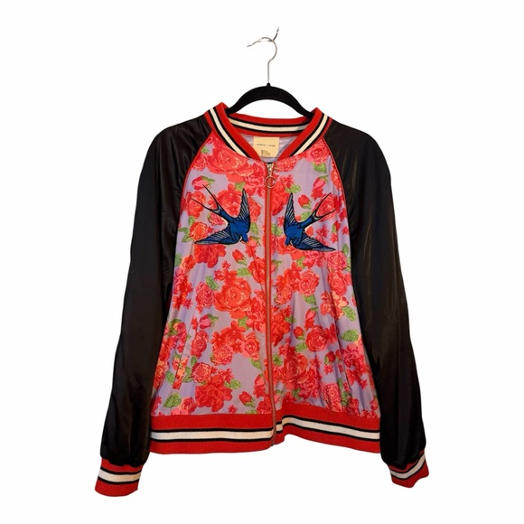 silence + noise Jackets & Blazers - silence + noise Floral Bomber Jacket with Blue Bird Embroidery
